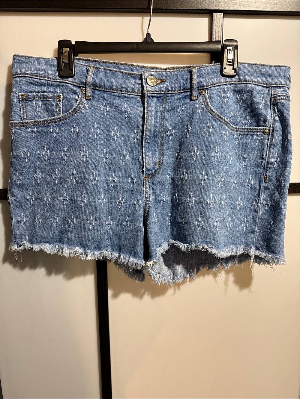 LOFT Light Blue Embroidered Frayed-Hem Denim Shorts